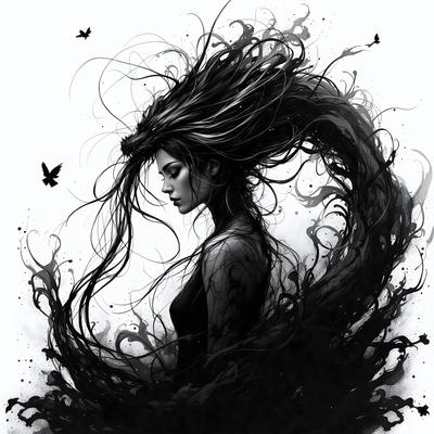 The primary subject of the image is a woman with long, flowing hair. She is the main focus of the scene. The setting is a black and white background, which adds a dramatic and artistic touch to the visual style. The overall atmosphere is one of elegance and grace, as the woman's hair is depicted as a flowing waterfall.